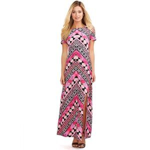 Cato Womens Size 18 Maxi Dress Pink Geometric Chevron Print Short Sleeve Stretch